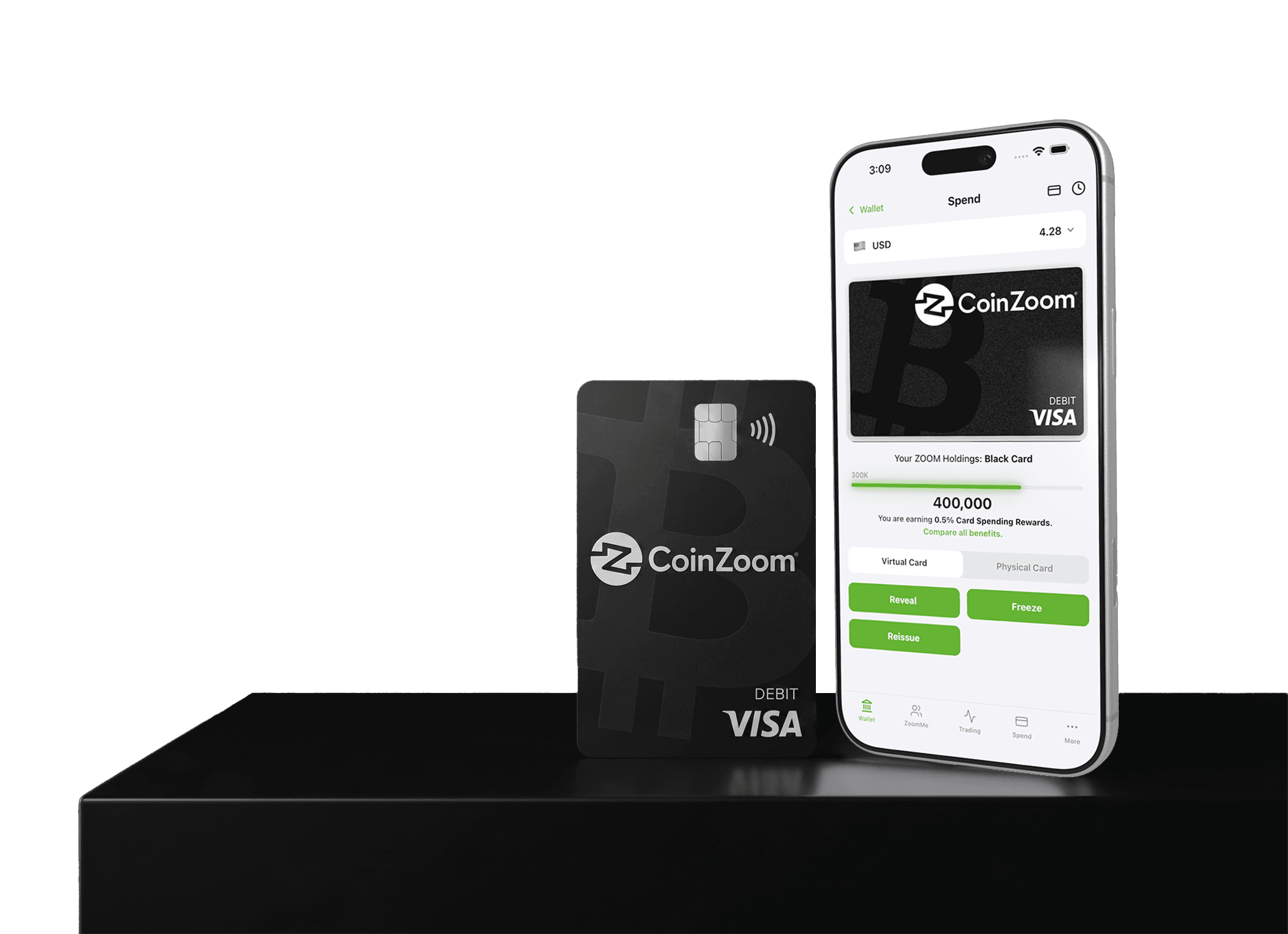 Tarjeta CoinZoom Visa Negra y aplicación móvil